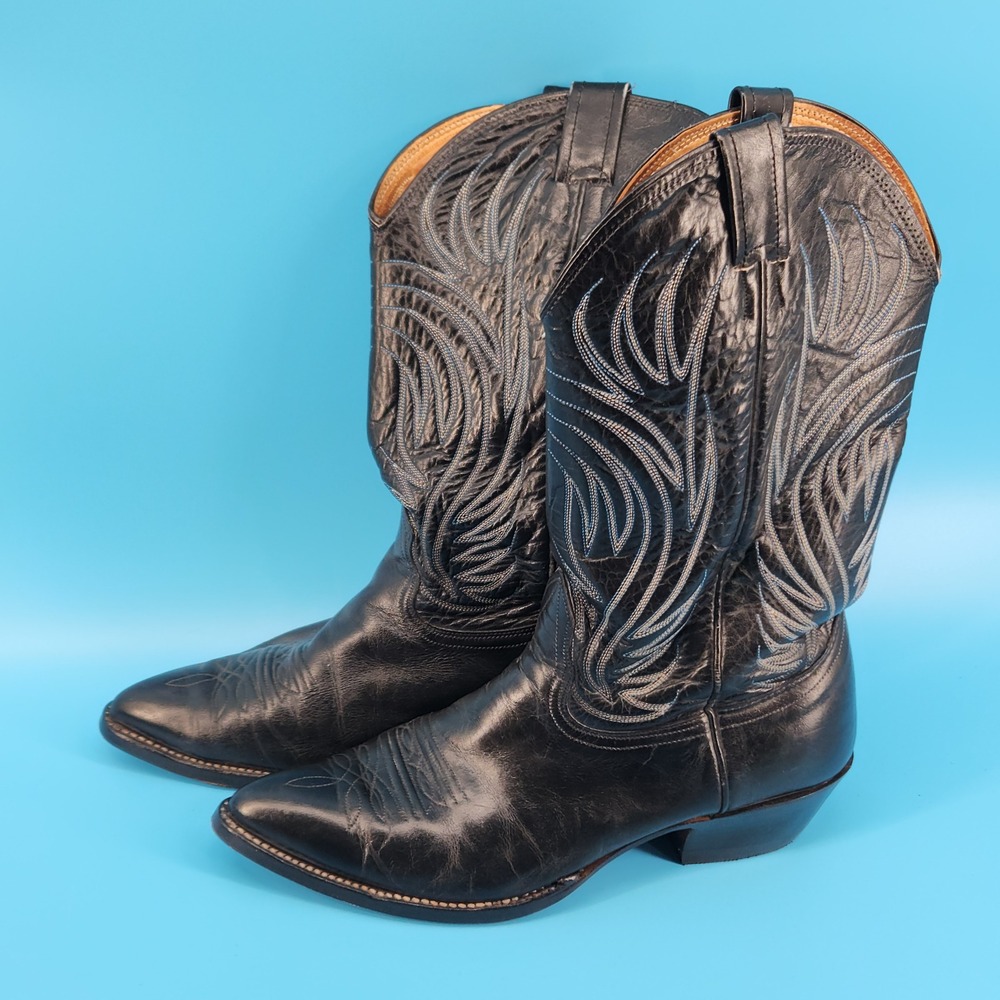 Vintage Nocona Cowboy Boots Mens 9.5D Black Leather Vibram Western Embroidered